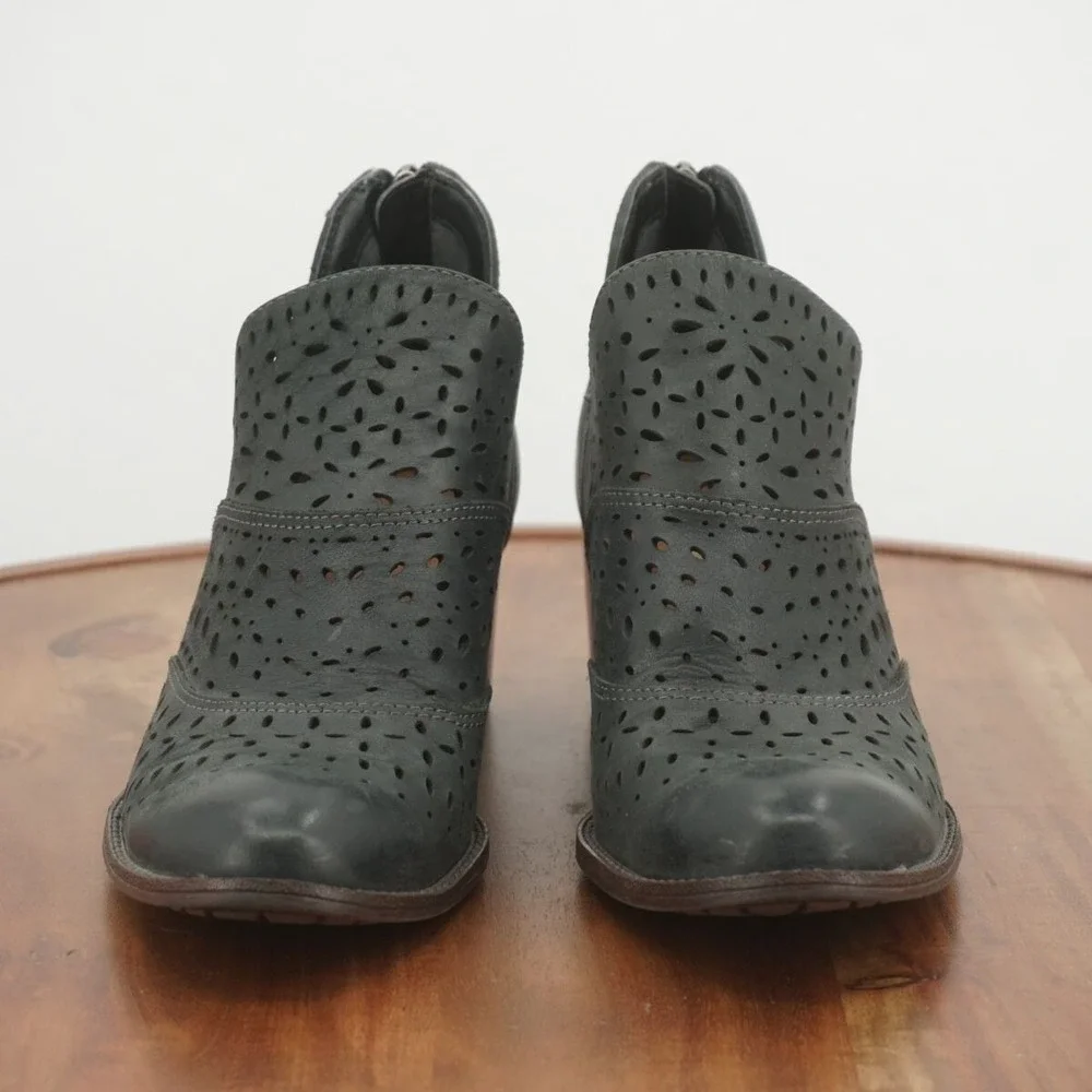 Sofft Black Perforated Leather Ankle Booties with Wood Block Heel